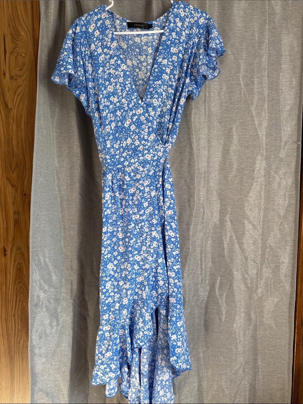 Floral Blue High-Low Wrap Dress with Flutter Sleeves